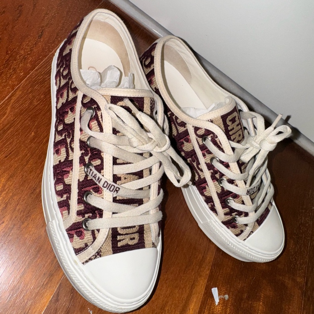 Dior Women's Burgundy and Cream Canvas Sneakers
